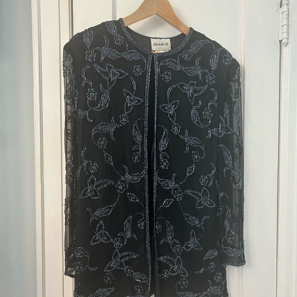 Elle Belle Black Sheer Top with blue beaded Embroidery
